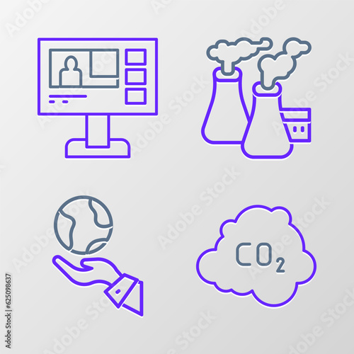 Set line CO2 emissions in cloud, Hands holding Earth globe, Smoke from factory and Television report icon. Vector