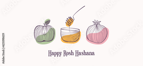 Rosh Hashana, Jewish holiday. Translation from Hebrew - Happy New Year. Apple, honey and pomegranate Jewish New Year symbols and icons. Vector illustration