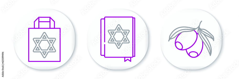 Set line Olives branch, Shopping bag with star of david and Jewish torah book icon. Vector Set line Olives branch, Shopping bag with star of david and Jewish torah book icon. Vector