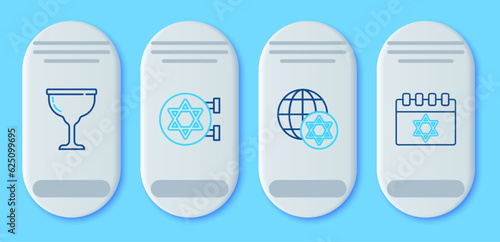 Set line Jewish synagogue, World Globe and Israel, goblet and calendar icon. Vector