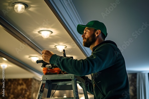 Skilled Electrician: Professional Craftsman Checking a Living Room Ceiling Lamp, Generative AI