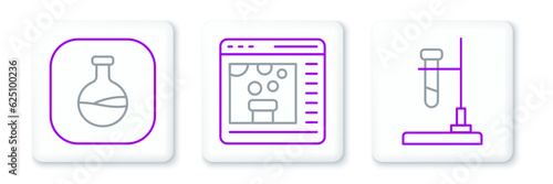 Set line Test tube flask on fire, and and Chemical online icon. Vector