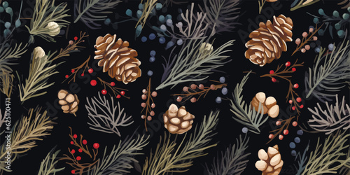 Christmas seamless pattern of branches with various pine cones and berries, floral watercolor illustration on dark background for wallpapers, textile or wrapping paper in vintage rustic style.