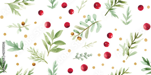 Christmas seamless pattern with confetti of stars  berries and green branches  watercolor holiday print on white background
