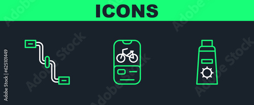 Set line Sunscreen cream in tube, Bicycle pedals and rental mobile app icon. Vector