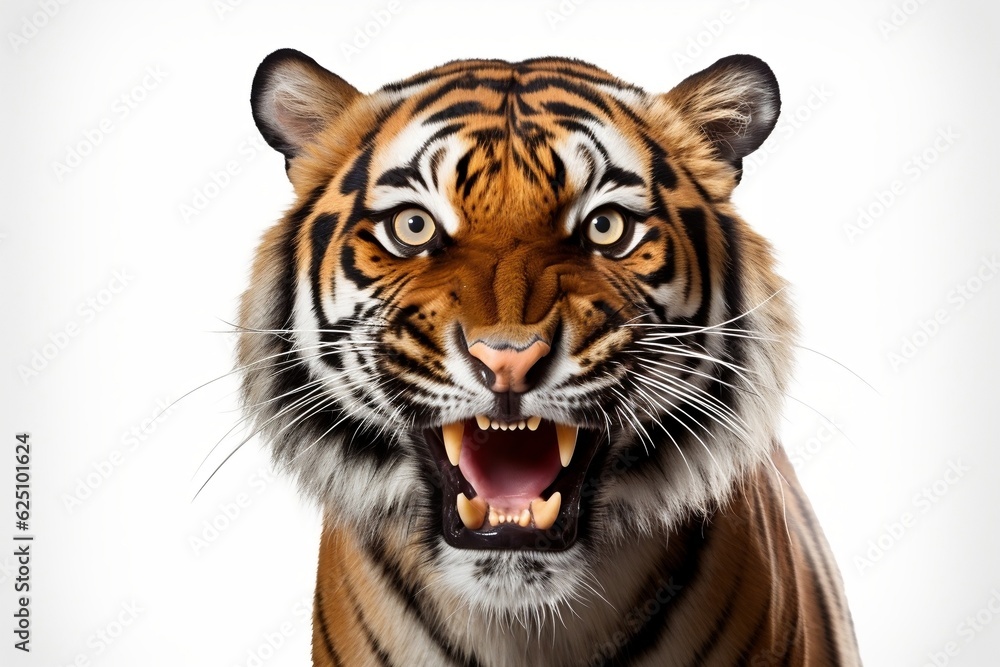 Tiger Face Shot Isolated on White Background. Generative AI