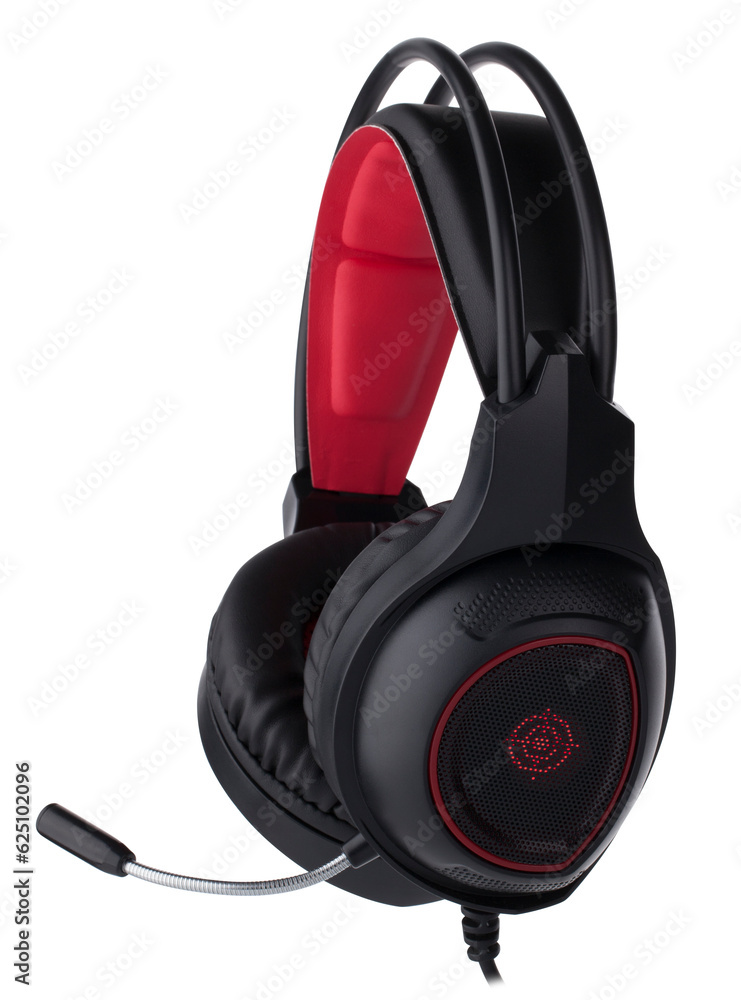 Wired headphones with microphone on a white background Wired headphones with microphone on a white background