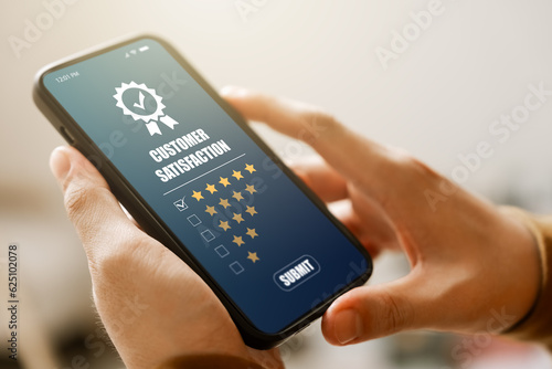 Customer Satisfaction Survey concept, 5-star satisfaction, service experience rating online application, customer evaluation product service quality, satisfaction feedback review, good quality most.