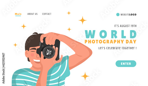 Landing page template for world photography day, vector illustration