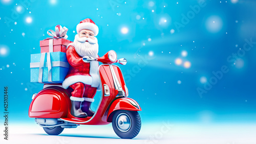 Santa Claus with a sack riding delivery with gift box a vintage scooter isolated on white background, rider santa in christmas day winter.Cartoon santa riding scooter to give gift