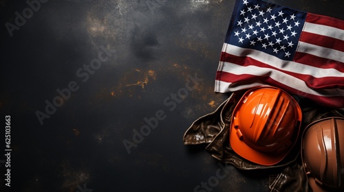 Happy Labor day concept. American flag with different elements, hard hats on dark background, with copy space for text. © ckybe