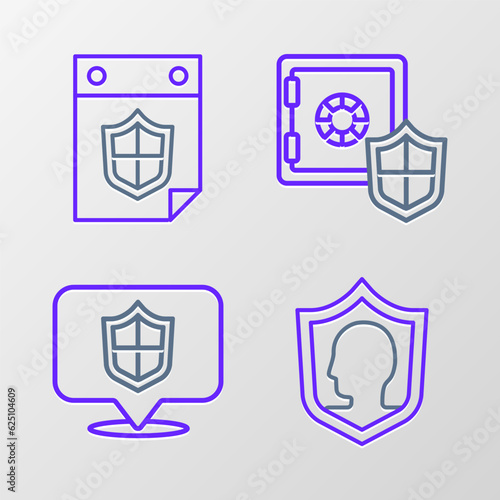 Set line Life insurance with shield, Location, Safe and Calendar icon. Vector