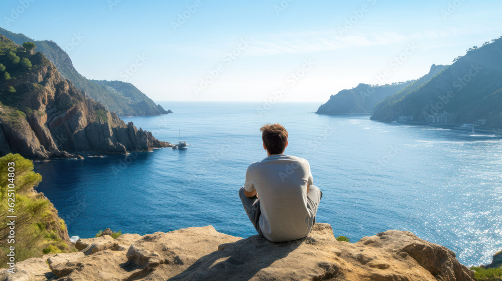 Young Man Sitting on a Cliff, Overlooking a Scenic Sea View on a Paradise Island