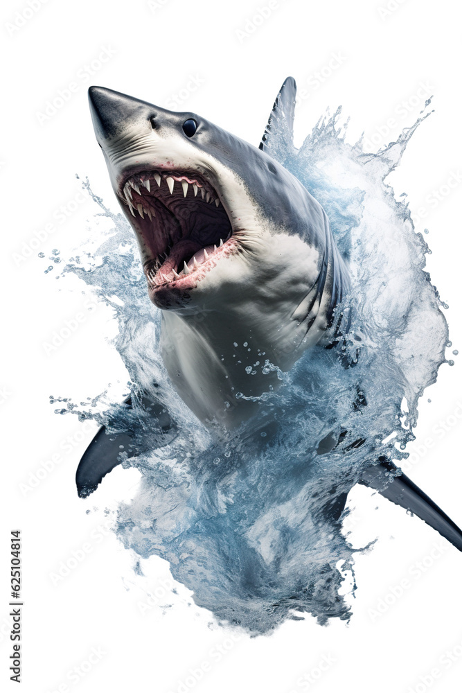 a shark jumping out of the water, white background PNG Stock Photo