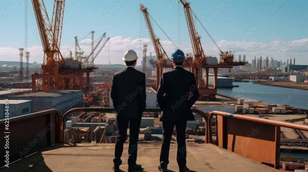 Two Suited Executives with Safety Helmets Overseeing Stevedoring Tasks at a Freight Port
