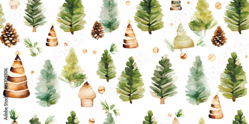 Christmas seamless pattern with toys christmas trees, acorn and pine cone, decorative watercolor print for textile, wrapping paper or greeting ornament, illustration beautiful green trees
