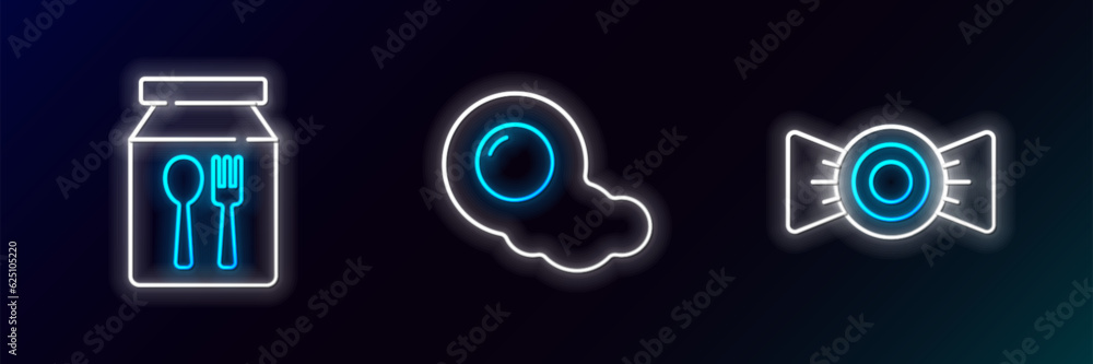 Set line Candy, Online ordering delivery and Scrambled eggs icon. Glowing neon. Vector Set line Candy, Online ordering delivery and Scrambled eggs icon. Glowing neon. Vector
