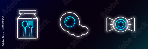 Set line Candy, Online ordering delivery and Scrambled eggs icon. Glowing neon. Vector