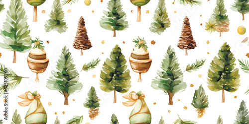 Christmas seamless pattern with toys christmas trees, acorn and pine cone, decorative watercolor print for textile, wrapping paper or greeting ornament, illustration beautiful green trees