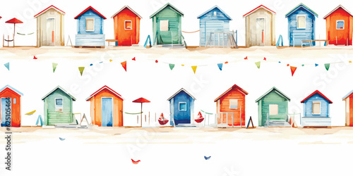 Colored beach huts with seagulls and beautiful decoration design elements isolated on white background. Seamless watercolor pattern, summer marine illustration for textile, wallpaper or wrapping paper