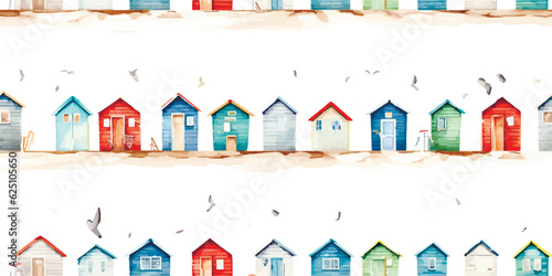 Colored beach huts with seagulls and beautiful decoration design elements isolated on white background. Seamless watercolor pattern, summer marine illustration for textile, wallpaper or wrapping paper