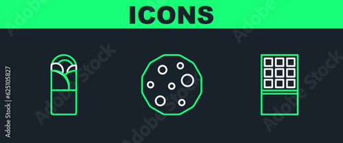 Set line Chocolate bar, Doner kebab and Cookie or biscuit icon. Vector