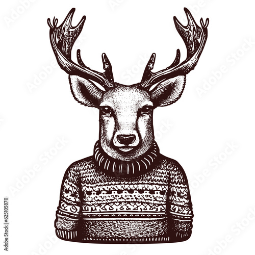 deer wearing a sweater vintage sketch