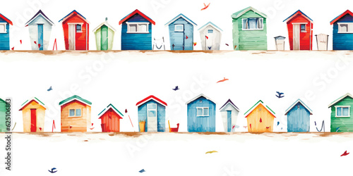 Colored beach huts with seagulls and beautiful decoration design elements isolated on white background. Seamless watercolor pattern, summer marine illustration for textile, wallpaper or wrapping paper
