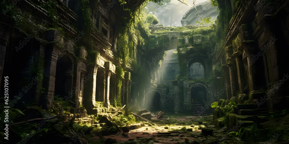 Exploring Ancient Ruins, A lone adventurer with a torch stands at the entrance of a crumbling stone temple, overgrown with vines and moss Exploring Ancient Ruins, A lone adventurer with a torch stands at the entrance of a crumbling stone temple, overgrown with vines and moss