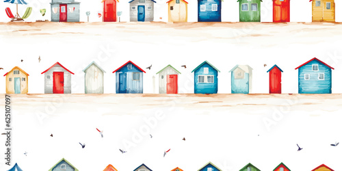 Colored beach huts with seagulls and beautiful decoration design elements isolated on white background. Seamless watercolor pattern, summer marine illustration for textile, wallpaper or wrapping paper
