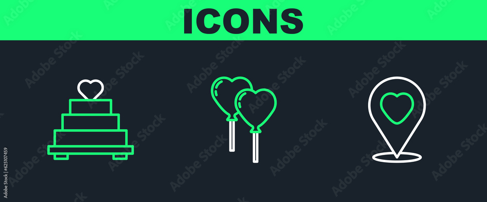 Set line Location with heart, Wedding cake and Balloons form of icon. Vector Set line Location with heart, Wedding cake and Balloons form of icon. Vector