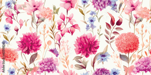 Colorful floral seamless pattern with plants and flowers on ivory background, watercolor illustration for summer design textile or decorative floral wallpapers in provence style