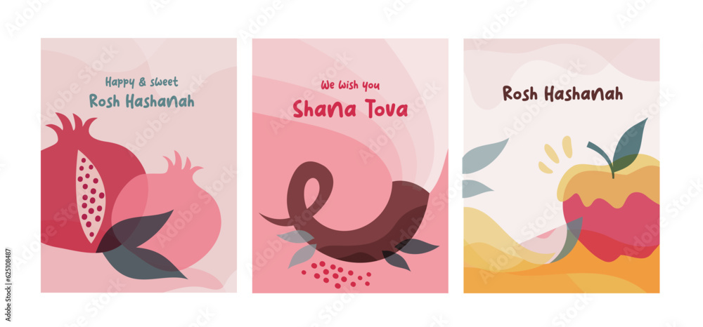 Rosh Hashana, Jewish holiday. Translation from Hebrew - Happy New Year. Apple, honey, pomegranate, Jewish horn and leaves, Jewish New Year symbols and icons. Vector illustration