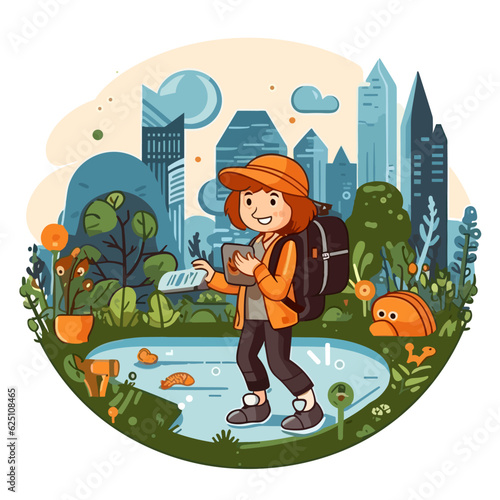 Finding hidden places in the city. Adventure travel and discovery of unknown places. Cartoon vector illustration.
