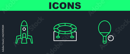 Set line Racket and ball, Rocket ship and Jumping trampoline icon. Vector