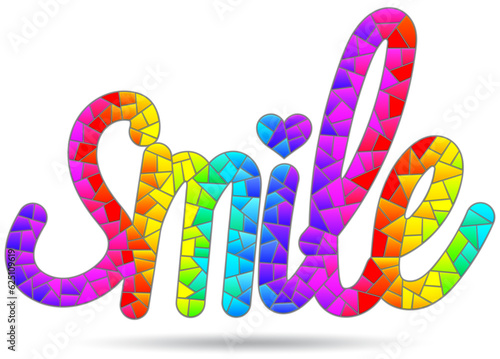 Illustrations in the style of stained glass with inscriptions smile, word isolated on a white background