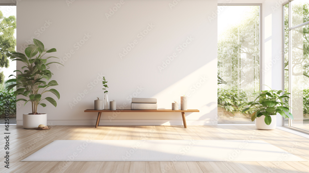 Unrolled white yoga mat on wooden floor in modern fitness center or at home with big windows and white walls, comfortable space for doing sport exercises, meditating. - obrazy, fototapety, plakaty 