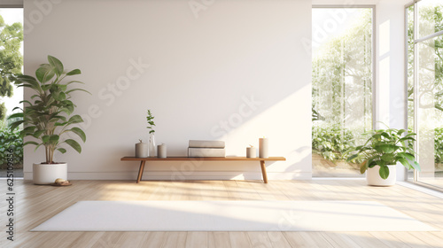 Unrolled white yoga mat on wooden floor in modern fitness center or at home with big windows and white walls, comfortable space for doing sport exercises, meditating. photo