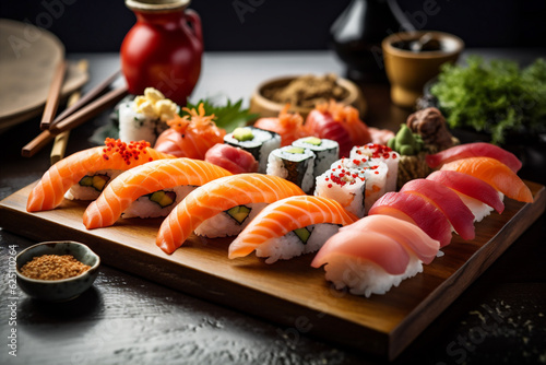 fish roll japan japanese sushi set rice seafood food meal. Generative AI.
