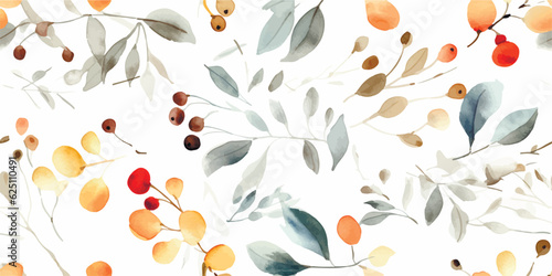 Floral abstract pattern with leaves and berries, seamless colorful print, autumn watercolor illustration on white background