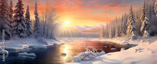 Beautiful snowy landscape at sunset - AI Generated