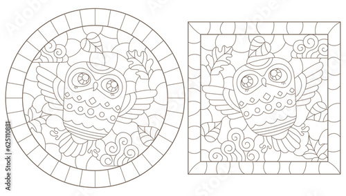 A set of contour illustrations in the style of stained glass with cute cartoon owls, dark contours on a white background