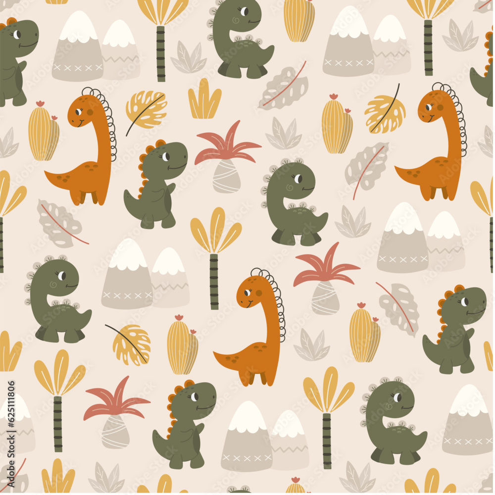 Cute dinosaurs, palm trees and mountains on a light background. Childish seamless pattern. Dino baby cute background. Dinosaur vector illustration.