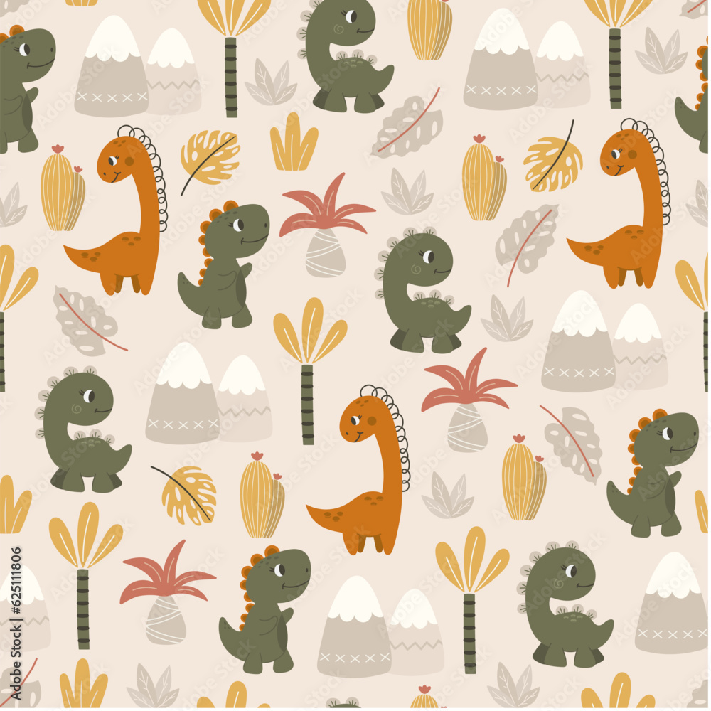 Cute dinosaurs, palm trees and mountains on a light background. Childish seamless pattern. Dino baby cute background. Dinosaur vector illustration. Cute dinosaurs, palm trees and mountains on a light background. Childish seamless pattern. Dino baby cute background. Dinosaur vector illustration.