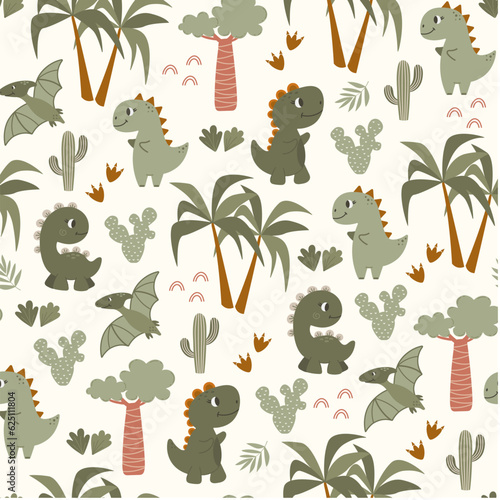 Cute dinosaurs, trees, palm trees and cacti on a light background. Childish seamless pattern. Dino baby cute background. Dinosaur vector illustration.