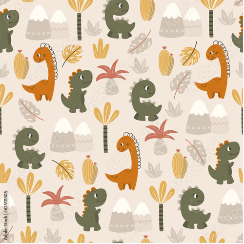 Cute dinosaurs  palm trees and mountains on a light background. Childish seamless pattern. Dino baby cute background. Dinosaur vector illustration.