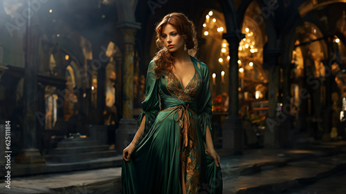 Hübsches Model im grünen Sexy Abendkleid im Lichter Bukeh Porträt, ai, generativ