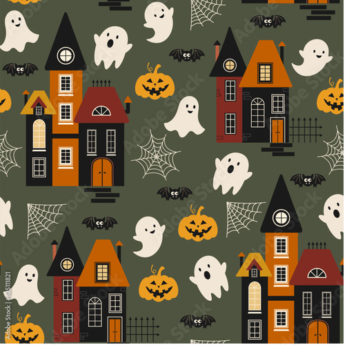 Halloween seamless pattern. Vector illustration of Halloween party. Pumpkins, houses, bat, ghosts and spider web on a dark green background. Vector cartoon seamless pattern.