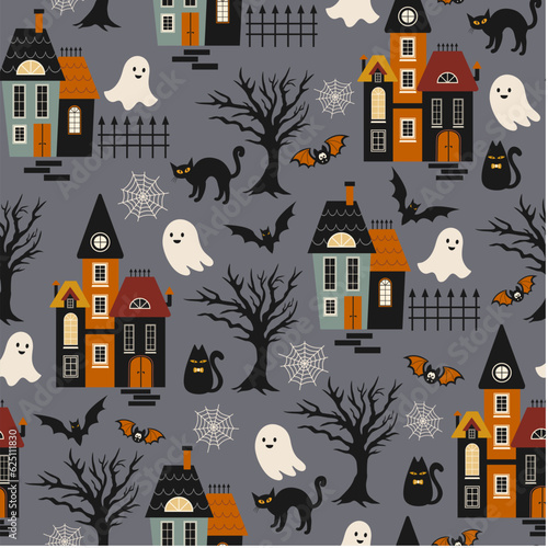 Halloween seamless pattern. Vector illustration of Halloween party. Houses, gloomy trees, bat, ghost and black cat on a dark background. Vector cartoon seamless pattern.