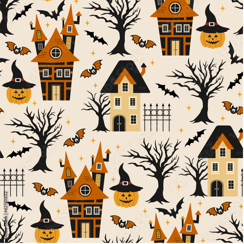Halloween seamless pattern. Vector illustration of Halloween party. Houses, bat, trees and pumpkins on a light background. Vector cartoon seamless pattern.